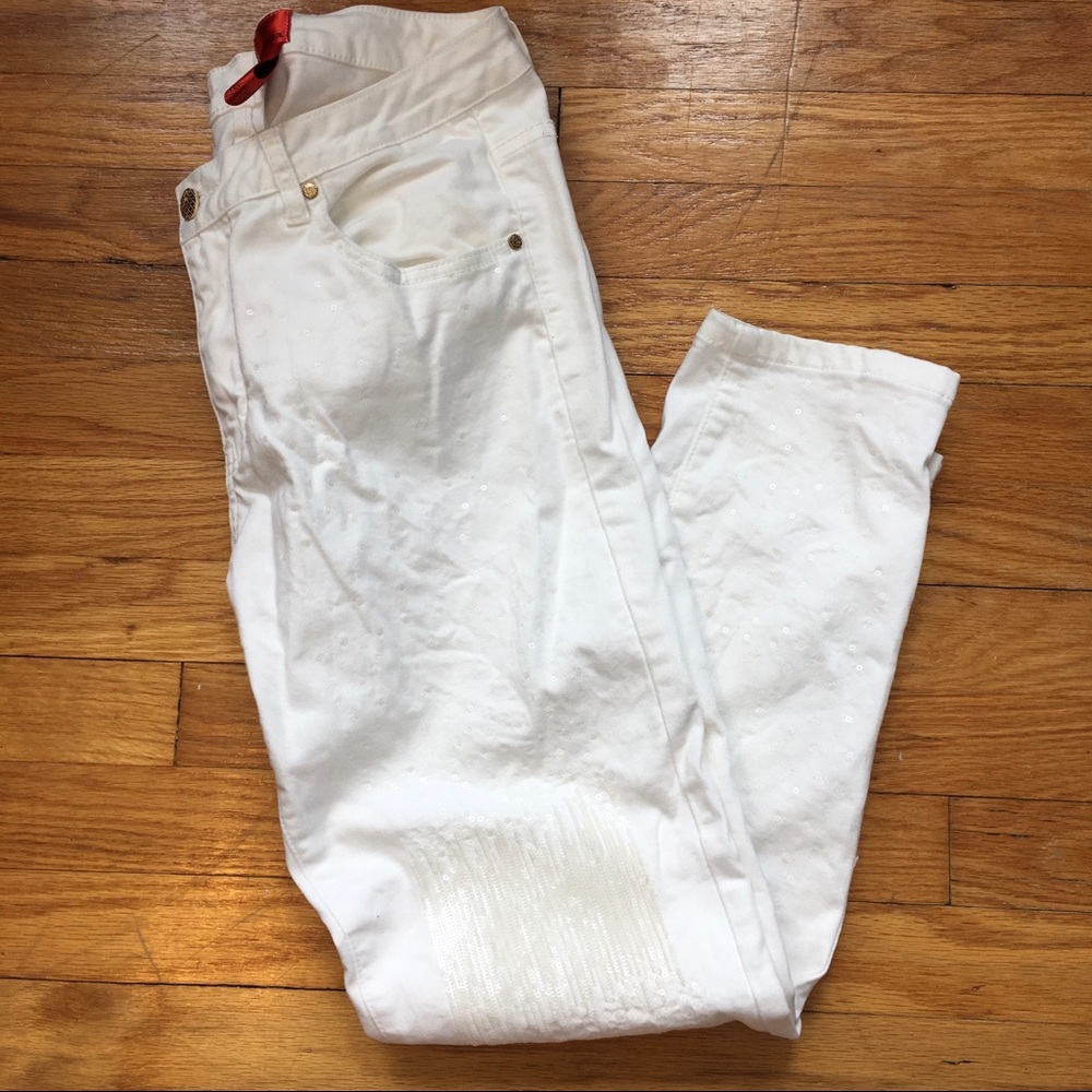V Cristina White Sequin Embellished Jeans, 12